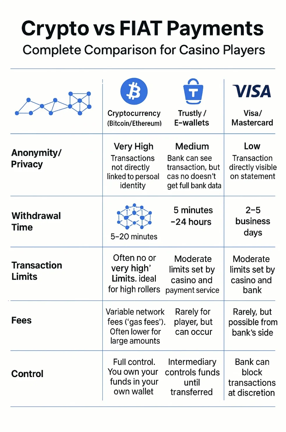 Sammenligning kryptovaluta Bitcoin Ethereum versus Trustly e-wallets versus Visa Mastercard viser anonymitet meget høj decentraliseret mod medium og lav, udbetalingstid 5-20 minutter blockchain mod 5 minutter 24 timer mod 2-5 bankdage, transaktionsgrænser ofte ingen ideelt high-rollers mod moderate kasinograenser, variable netværksgebyrer gas fees mod sjældne gebyrer, og fuld kontrol egen wallet mod mellemmand kontrol mod bank kan blokere