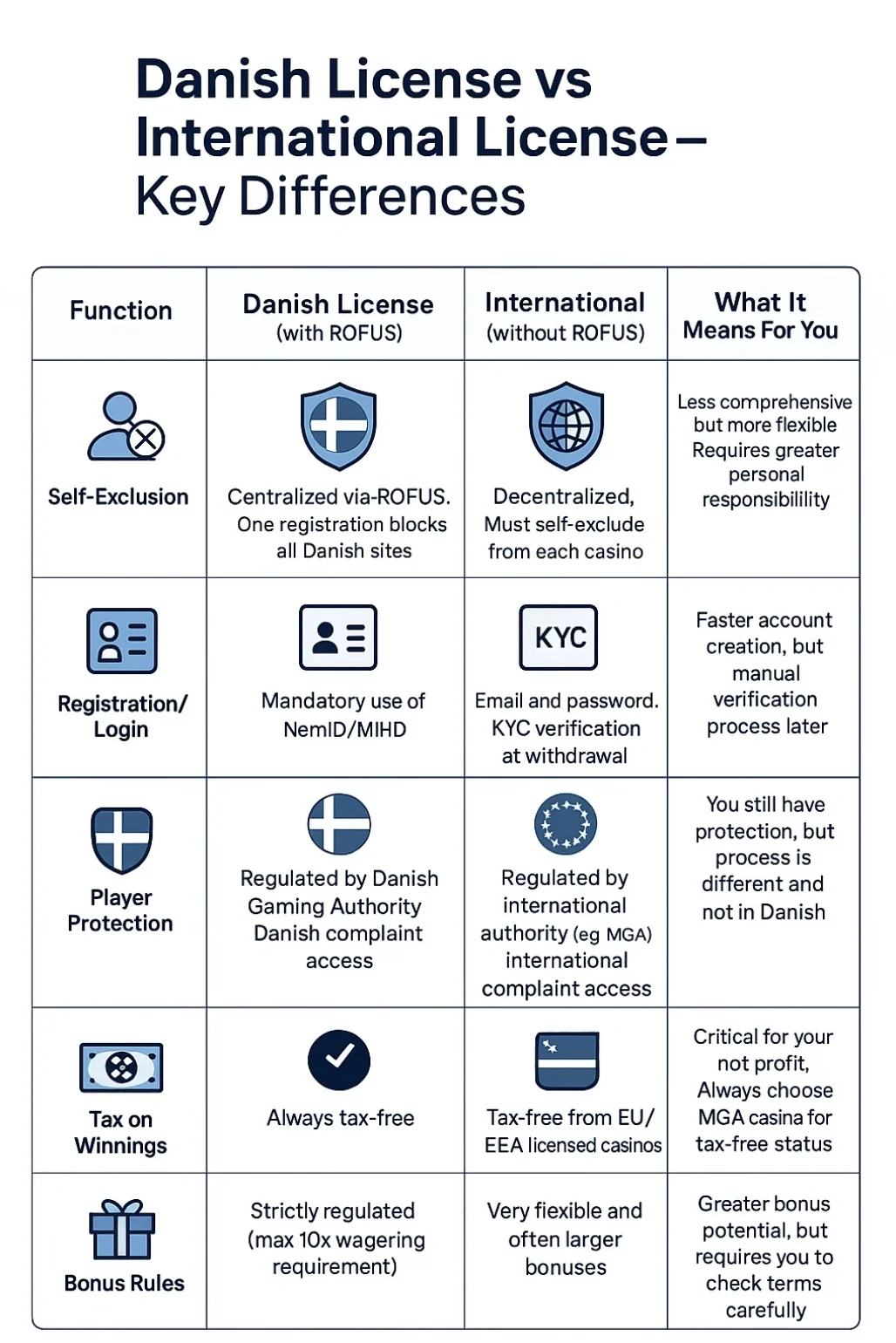 Reguleringssammenligning dansk licens med ROFUS versus international licens viser centraliseret selvudelukkelse mod decentraliseret system, obligatorisk MitID login versus email-adgangskode med KYC ved udbetaling, dansk klageadgang versus international, skattefri gevinster altid versus kun fra EU EØS MGA licens, og strenge bonusregler maksimum 10x omsætning versus fleksible større internationale bonusser