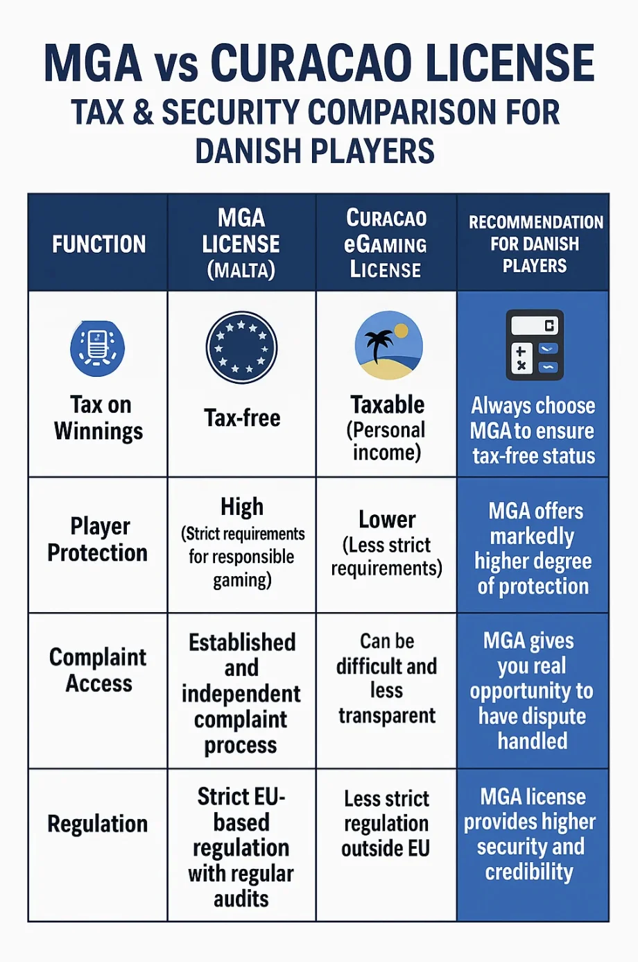 Licenssammenligning for danske spillere MGA Malta versus Curacao eGaming viser skat af gevinster skattefri EU EØS mod skattepligtig personlig indkomst anbefaling vælg altid MGA, spillerbeskyttelse høj strenge krav ansvarligt spil mod lavere mindre strenge krav MGA markant højere beskyttelse, klageadgang etableret uafhængig proces mod vanskelig mindre gennemsigtig MGA reel tvistløsning mulighed, regulering streng EU baseret regelmæssige audits mod mindre streng uden for EU MGA højere sikkerhed troværdighed