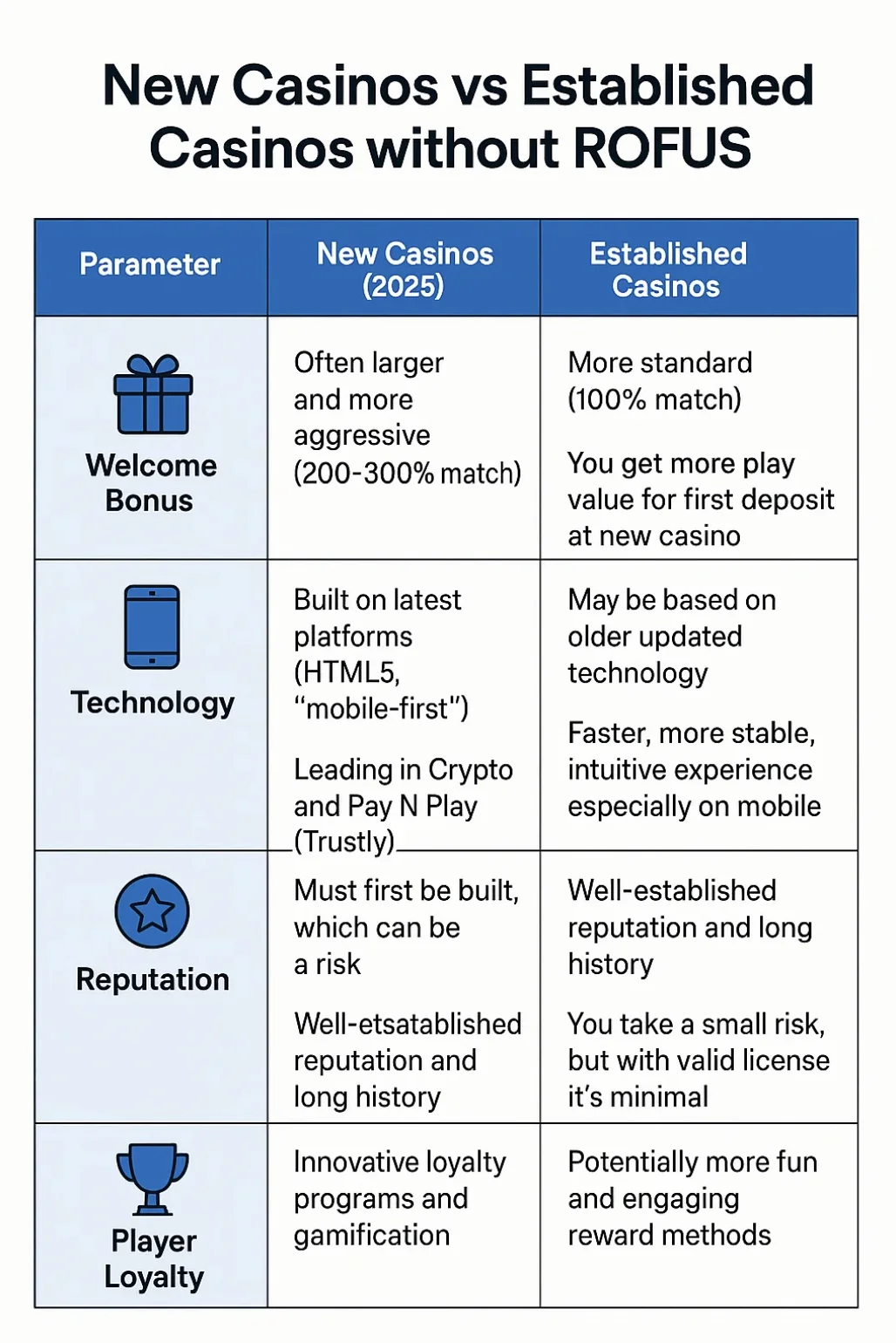Sammenligningstabel mellem nye casinoer 2025 og etablerede casinoer uden ROFUS omfatter velkomstbonus 200-300% match versus 100%, moderne HTML5 mobile-first teknologi versus opdateret ældre platforme, krypto og Pay N Play versus traditionelle betalingsmetoder, og innovative loyalitetsprogrammer versus klassiske VIP-systemer