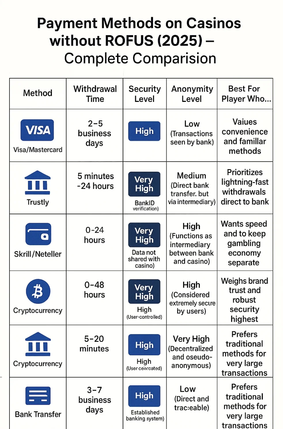 Betalingsmetodesammenligning på casinoer uden ROFUS inkluderer Visa Mastercard 2-5 dage høj sikkerhed lav anonymitet, Trustly 5 minutter til 24 timer meget høj sikkerhed medium anonymitet direkte bank, Skrill Neteller 0-24 timer meget høj sikkerhed høj anonymitet e-wallets, PayPal 0-48 timer stærk tvistløsning høj sikkerhed, Kryptovaluta 5-20 minutter meget høj anonymitet decentraliseret og bankoverførsel 3-7 dage traditionel høj sikkerhed